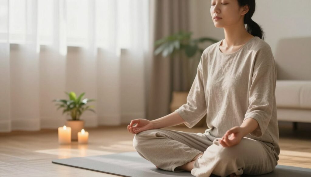 A serene scene depicting a person practicing breath meditation to relieve tension. In the foreground, a calm individual sits cross-legged on a soft mat, wearing loose, comfortable clothing. The person has a peaceful expression with closed eyes, hands resting on their knees. In the middle ground, a softly glowing candle and a small indoor plant create a tranquil atmosphere. The background features a softly lit room with gentle sunlight filtering through sheer curtains, enhancing the feeling of warmth and relaxation. The lighting is soft and diffused, casting gentle shadows. The overall mood is peaceful and meditative, inviting viewers to connect with the practice of breath meditation.