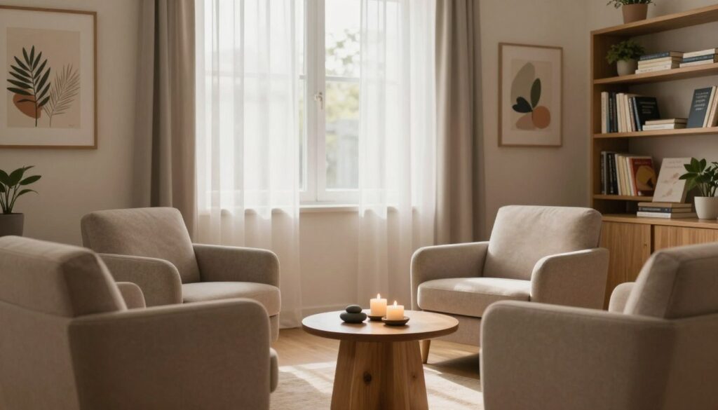 A serene therapy room designed for holistic healing, featuring soft, neutral tones and warm wood accents. In the foreground, a comfortable seating area with plush armchairs facing each other, with a small coffee table holding a few calming objects like stones and candles. In the middle, a large window draped with sheer curtains lets in gentle sunlight, casting soothing light across the room. On the walls, calming artwork depicting nature and abstract forms. In the background, a bookshelf filled with psychological literature and self-help books. The atmosphere is tranquil and supportive, conveying hope and healing, inviting those seeking treatment for complex PTSD. The lighting is soft and natural, captured with a slight depth of field to emphasize warmth and intimacy in the space.
