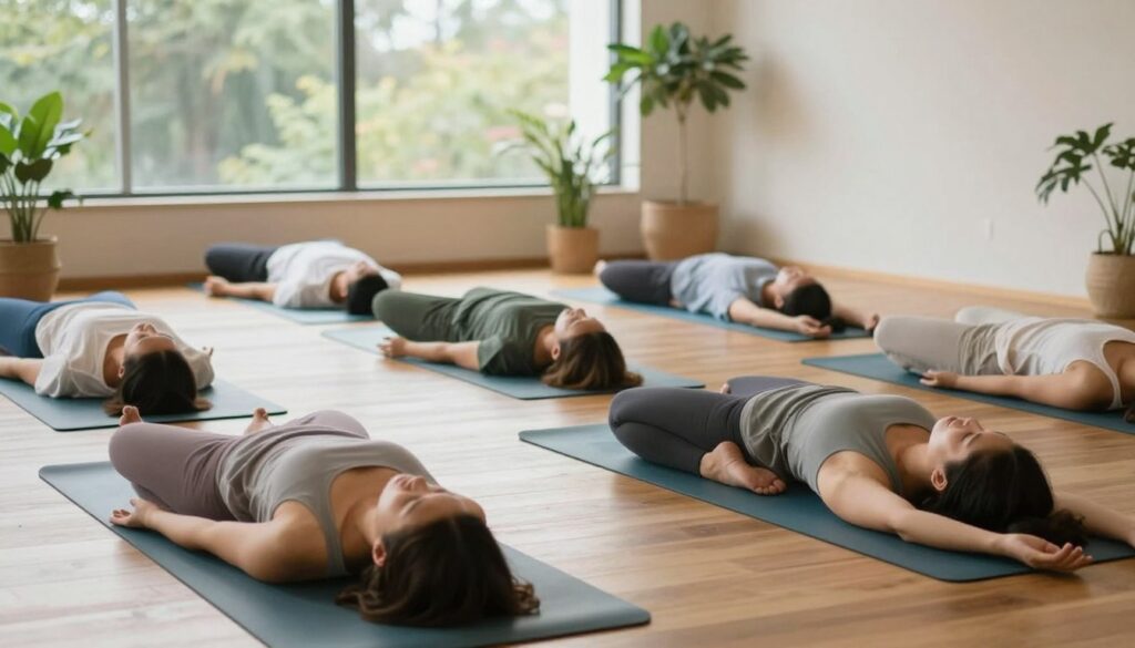 A serene yoga space with soft, natural light filtering through large windows. In the foreground, a diverse group of individuals in modest, casual yoga attire practice various poses targeting the shoulders, spine, and hips, including gentle stretches and restorative postures. Each participant is focused and relaxed, embodying tranquility and mindfulness. In the middle, yoga mats are spread across a polished wooden floor, adorned with calming colors like soothing blues and greens. The background displays indoor plants and calming décor, creating a peaceful atmosphere. The overall mood of the image is one of serenity and relief from stress, emphasizing the healing aspects of yoga for the nervous system. The angle captures both the practitioners’ movements and the inviting space.