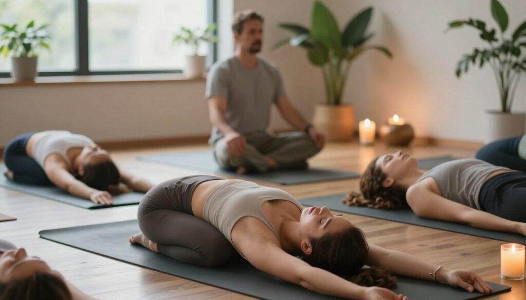 A serene yoga studio scene showcasing a diverse group of individuals practicing yoga in various poses that promote relaxation and stress relief. In the foreground, a young woman in modest, casual athletic wear performs a gentle forward bend, her face reflecting tranquility. In the middle ground, a middle-aged man sits cross-legged in meditation, surrounded by soft green plants and calming candles that emit a warm glow, enhancing the peaceful atmosphere. The background features large windows allowing natural light to flood in, creating a harmonious ambiance with soft shadows. Use a shallow depth of field to emphasize the practitioners while keeping the environment cozy and inviting. The overall mood conveys calmness, mindfulness, and the serene beauty of yoga as a stress-reducing practice.