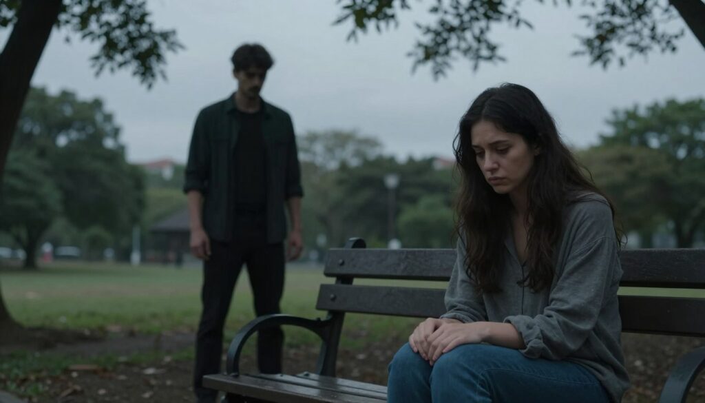 A somber and introspective scene depicting psychological violence in a relationship. In the foreground, a woman in modest casual clothing sits alone on a park bench, with her head slightly bowed and a distant look in her eyes, symbolizing isolation and sadness. In the middle ground, a faint shadow of a man stands nearby, his posture tense and threatening, suggesting intimidation without direct confrontation. The background features a gloomy, overcast sky, casting soft, diffused lighting that enhances the melancholic atmosphere. The setting is a quiet park, with trees whispering in the wind, further emphasizing the feeling of emotional turmoil. The image evokes a sense of urgency to address psychological abuse, reflecting the hidden struggles within relationships.