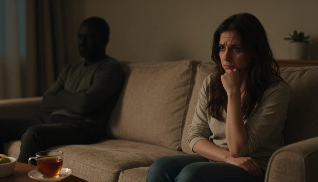 A somber and reflective scene in a cozy living room, capturing the subtle signs of toxicity in a relationship. In the foreground, a woman sits on a plush sofa, her expression thoughtful and slightly distressed, dressed in casual, modest clothing. A cup of tea rests on a small table beside her, hinting at isolation. In the middle ground, a shadowy figure, representing the toxic partner, looms subtly, their presence indicated by a tense body posture and crossed arms. The background features dim lighting, with soft, warm tones creating an atmosphere of unease and introspection. The scene highlights emotional signals, such as tension and misunderstanding, while avoiding any overt negativity. The angle should be slightly tilted, suggesting a feeling of imbalance.