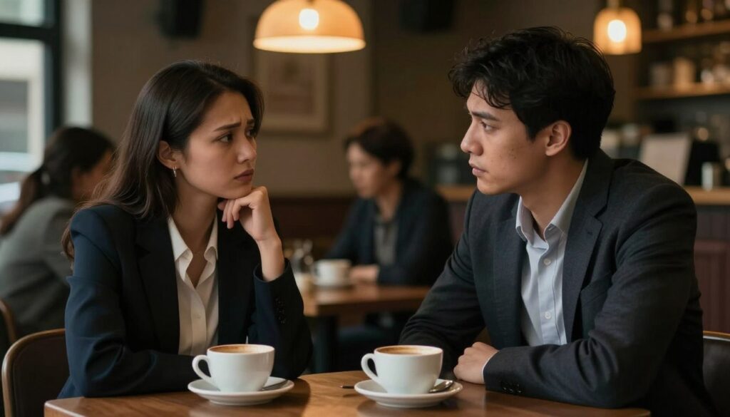 A somber scene depicting a couple deep in conversation in a cozy, dimly lit café. In the foreground, a woman in professional business attire, with an expression of contemplation and hurt, sits across from a man in a smart casual outfit, who looks concerned and empathetic. Their coffee cups are untouched on the table, symbolizing the weight of the conversation. In the middle ground, the warm glow from the vintage lamps creates a contrasting atmosphere against the darker shadows, highlighting the emotional tension. In the background, blurred outlines of other patrons add depth without distracting from the couple, enhancing the feeling of isolation. The overall mood is reflective and serious, inviting the viewer to ponder the complexities of relationships and trust.