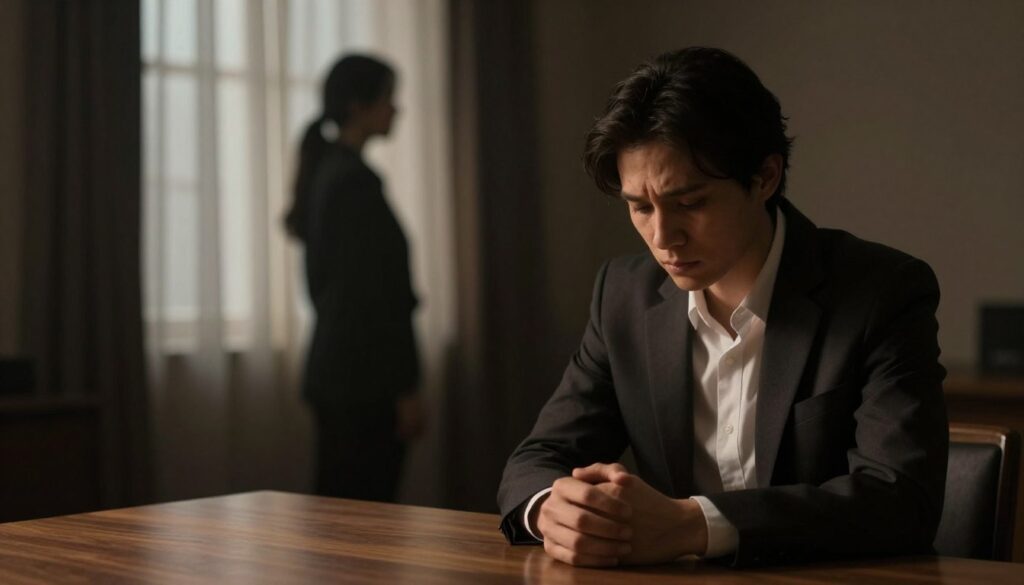 A somber scene depicting an individual sitting alone at a wooden table in a dimly lit room, reflecting feelings of guilt and remorse. In the foreground, a person dressed in a formal business suit gazes downward, their expression pensive and troubled, hands clasped tightly. The middle ground features a faintly lit window with heavy curtains, casting elongated shadows that evoke a sense of confinement. In the background, a softly blurred silhouette of another figure stands, symbolizing the complexity of relationships and accountability. The atmosphere is heavy with tension, underscored by warm, muted lighting that enhances the emotional depth. The image captures the essence of conscience, guilt, and the weight of responsibility in intimate connections, inviting reflection on the themes of betrayal and emotional turmoil.