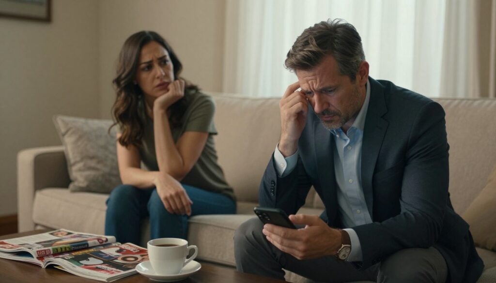 A suburban living room setting, evoking a tense atmosphere. In the foreground, a middle-aged man in a professional suit, visibly distressed, examining his phone with a furrowed brow, reflecting feelings of jealousy and paranoia. Beside him, a woman in modest casual clothing sits on the couch, her expression worried as she gazes at him, creating a sense of emotional tension in the air. The middle ground features a coffee table scattered with magazines and a cup of coffee, enhancing the domestic feel. In the background, soft, warm lighting filters through sheer curtains, casting gentle shadows. The overall mood should capture the unsettling emotions associated with "Othello syndrome," highlighting the complexities of trust and suspicion in personal relationships.
