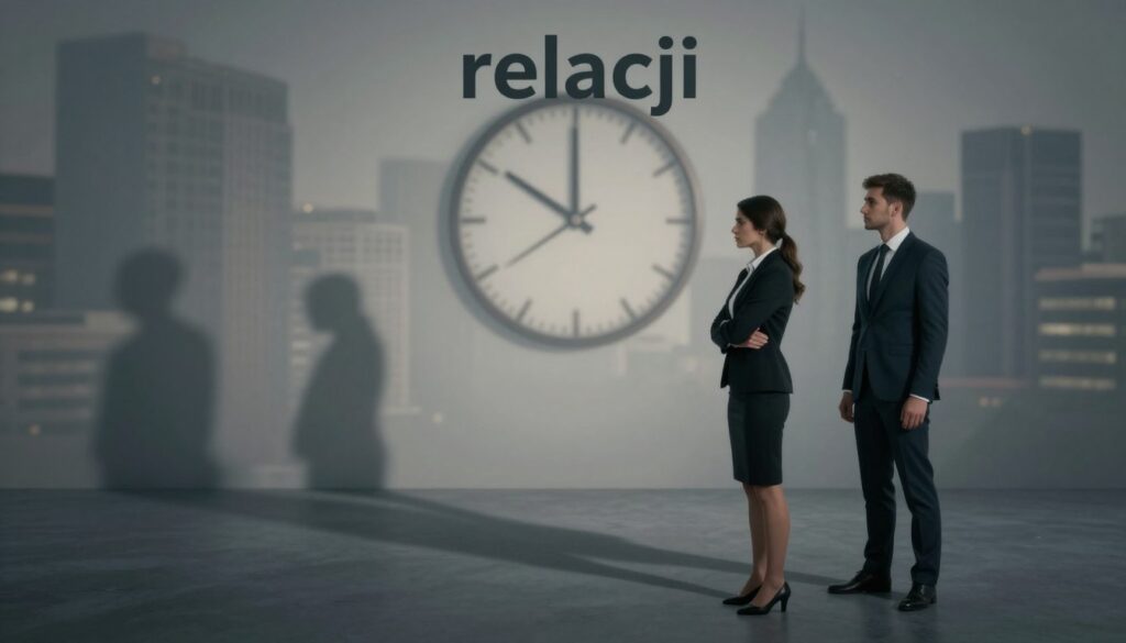 A symbolic representation of "relacji," depicting the dynamics of a relationship marred by narcissism. In the foreground, two figures in professional business attire, one exuding confidence while the other appears vulnerable, illustrating the contrasting emotional states of idealization and devaluation. In the middle ground, a clock with hands frozen in time symbolizes the feeling of abandonment, while shadows stretch ominously, hinting at underlying tensions. The background features a blurred cityscape, indicating a social context but remaining distant, portraying isolation in a bustling world. Soft, dramatic lighting casts long shadows, creating an emotionally charged atmosphere, emphasizing feelings of uncertainty and resilience. The overall mood is one of introspection and reflection on challenging relationship patterns.