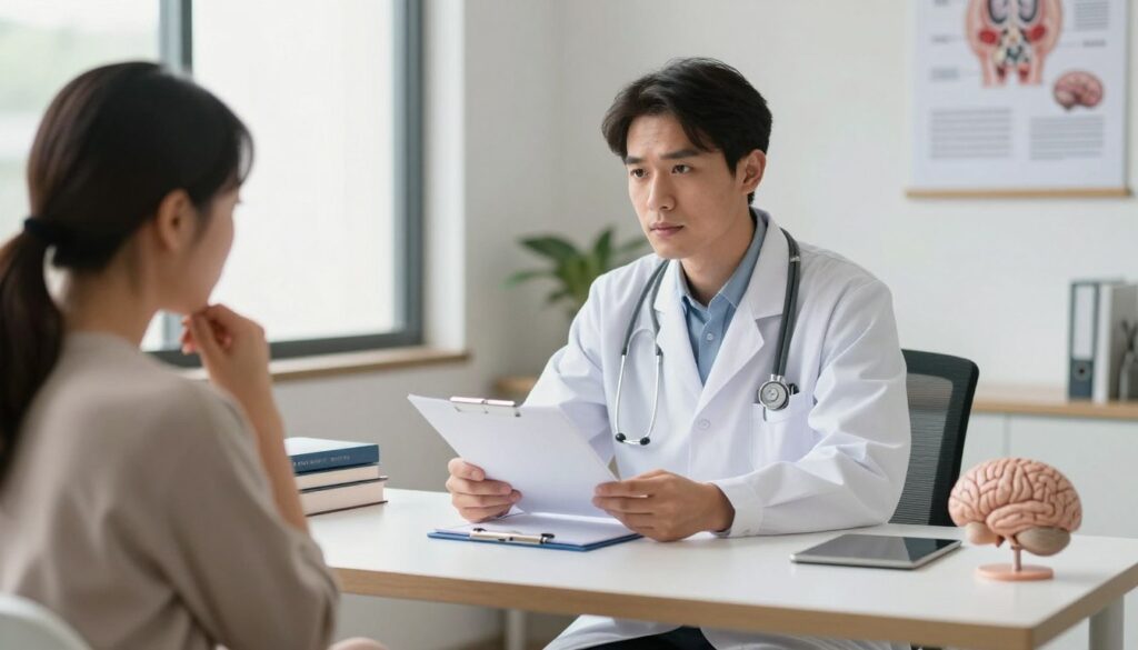 A tranquil physician's office setting showcasing a consultation about pineal cysts and stress. In the foreground, a compassionate doctor in professional attire sits across from a patient who appears contemplative but engaged. The doctor is holding a chart, discussing symptoms with empathy. The middle ground shows a desk with medical books and a small model of the human brain. Natural light filters in through a window, creating a soft and inviting atmosphere. The background features medical posters on the walls, emphasizing neurology and stress management. The mood is calm and reassuring, highlighting the importance of discussing health concerns and stress-related symptoms with a healthcare professional. The focus is on the interaction, emphasizing a supportive consultation environment.