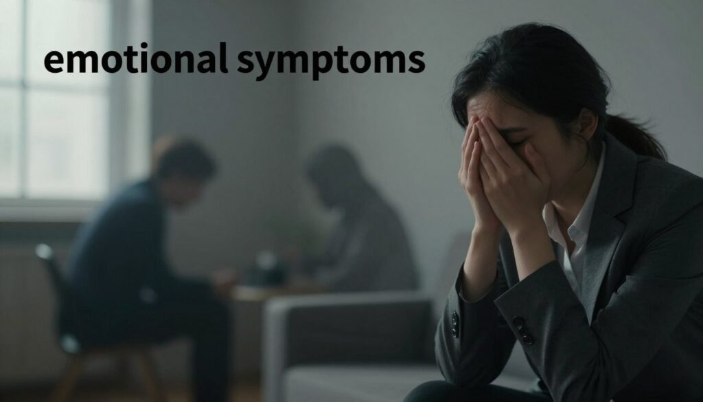 A visual representation of "emotional symptoms" related to complex post-traumatic stress disorder, capturing a somber atmosphere. In the foreground, a figure of a person in professional attire, sitting in a contemplative pose, hands clasped and head slightly bowed, reflecting inner turmoil. Their facial expression should convey anxiety and confusion, with subtle tears glistening in their eyes. In the middle ground, abstract shadows representing mental struggles swirl around, hinting at chaos. The background features a soft focus of a dimly lit room, with muted colors, creating a feeling of isolation. Natural light filters through a window, casting gentle rays that symbolize hope amid the emotional distress. The overall mood should evoke empathy and understanding for the complexity of psychological, emotional, and somatic symptoms.