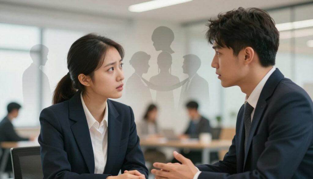 A visual representation of interpersonal relationships, focusing on psychological perspectives of micro-infidelity. In the foreground, two figures in professional attire are engaged in a deep conversation, portraying a sense of intimacy and connection. Their expressions should convey complexity, reflecting both trust and underlying tension. In the middle ground, faded images of overlapping silhouettes representing various relationship dynamics, symbolizing emotional boundaries. The background features a soft, blurred office setting with warm lighting to suggest a thoughtful atmosphere. A shallow depth of field emphasizes the foreground interaction, while the overall mood hints at the delicate balance between loyalty and temptation, inviting viewers to contemplate the nuances of human relationships.