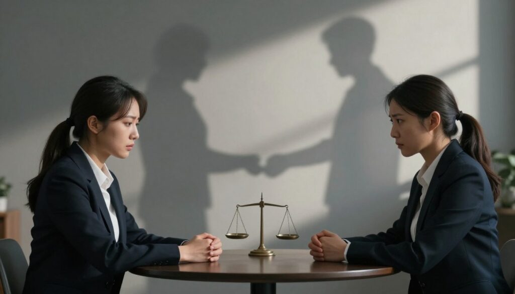 A visually striking representation of the emotional consequences in a relationship following infidelity. In the foreground, depict a couple sitting across from each other at a small round table, their faces displaying tension and unease, dressed in professional business attire. In the middle ground, include subtle symbols of trust and control, like a broken scale or intertwined hands that are slowly drifting apart. In the background, blend abstract elements that represent power dynamics, such as shifting shadows or contrasting light, evoking a sense of uncertainty. The overall atmosphere should be dramatic yet contemplative, with soft, moody lighting that casts gentle shadows to highlight the complexity of their interaction. The angle should be slightly elevated, allowing for an intimate view of their expressions and surroundings.