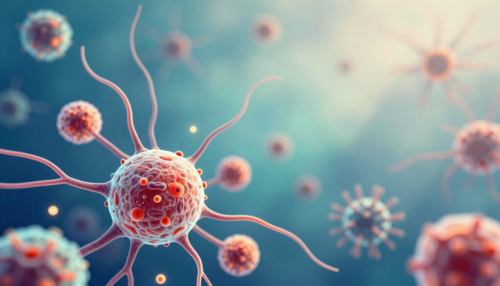 A vivid representation of the human immune system in an abstract style, showcasing lymphocytes and antibodies in a dynamic, flowing arrangement. In the foreground, colorful lymphocyte cells are depicted as vibrant spheres with intricate details, surrounded by ethereal lines and glowing orbs representing various pathogens. The middle layer illustrates a calming blue and green gradient, symbolizing balance and stress relief, while the background features a faint, soft light that conveys a sense of hope and healing. The overall mood should evoke a mix of tension and tranquility, capturing the complexity of the immune response under chronic stress. Utilize soft, diffused lighting to emphasize the organic forms and create a harmonious atmosphere. Aim for a close-up angle to highlight the details of the immune cells, engaging the viewer's curiosity.