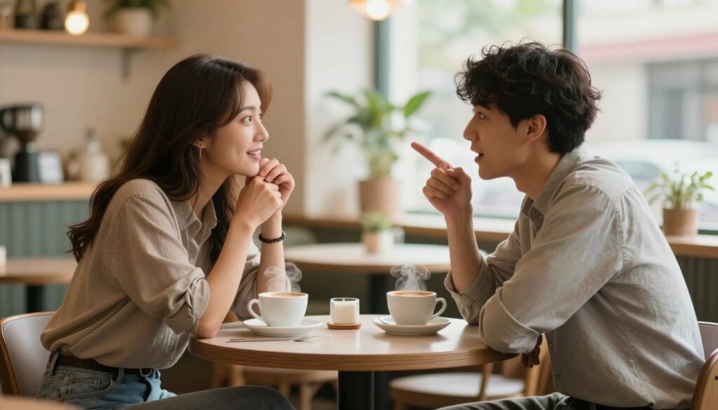 A warm and inviting scene capturing the essence of flirtation and the beginnings of a relationship. In the foreground, two individuals, a Taurus and a Gemini, are engaged in a lively conversation at a cozy café. They are dressed in smart casual attire, radiating charm and curiosity. The middle ground features a small table adorned with two steaming cups of coffee and a soft, romantic ambiance, enhanced by gentle, diffused lighting. In the background, a sunlit room with subtle greenery provides a soft blur, creating an intimate yet vibrant atmosphere. The scene conveys warmth and excitement, reflecting the magnetic pull between different personalities. The overall mood is playful and engaging, celebrating the joy of new connections.