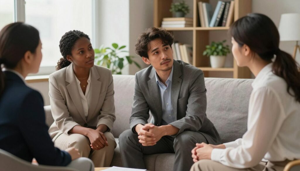 A warm and inviting scene illustrating the theme of relationships and support in a professional context. In the foreground, a diverse group of three individuals, dressed in professional attire, are engaged in a thoughtful conversation, displaying empathy and connection. One person is leaning slightly forward, showing active listening, while the others nod in understanding. In the middle ground, a cozy office setting with a comfortable couch and soft lighting creates an intimate atmosphere. The background features a bookshelf filled with motivational books and plants, enhancing the sense of a nurturing space. The overall mood is supportive and encouraging, with soft, natural lighting that casts gentle shadows, emphasizing the importance of dialogue and human connection in managing stress.