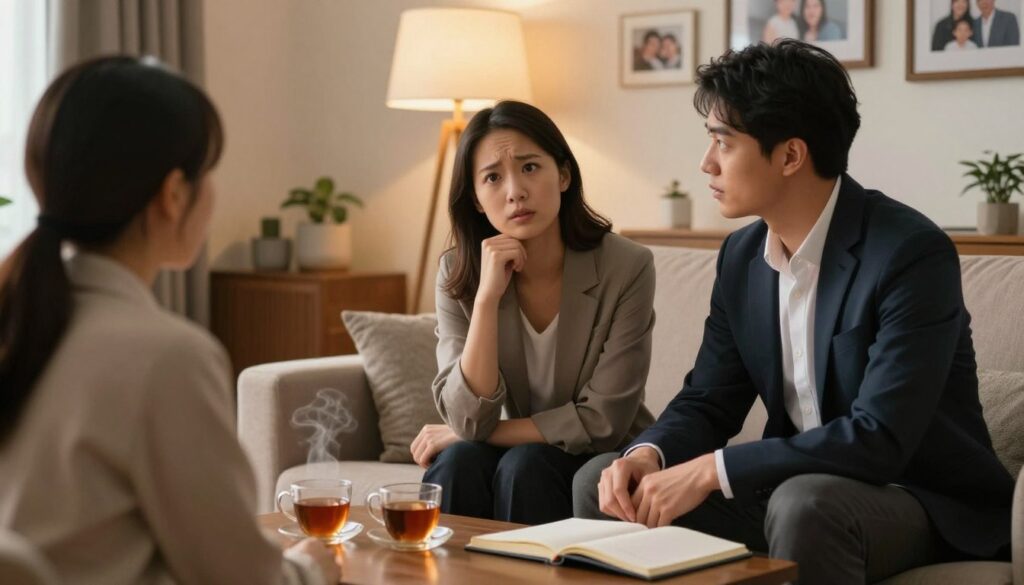 A warm and inviting scene of a couple engaging in a heartfelt conversation in a cozy, softly lit living room. In the foreground, two individuals sit on a comfortable couch, one facing the other, displaying a range of emotions through their facial expressions—curiosity, concern, understanding. They are dressed in professional business attire, symbolizing respect and seriousness in their dialogue. In the middle ground, a coffee table with a steaming cup of tea and a few open notebooks signifies thoughtful discussion. The background features a wall adorned with family photos and soft, ambient lighting from a nearby lamp, creating a nurturing atmosphere. A shallow depth of field enhances the emotional connection, inviting viewers to focus on the couple's expressions and body language. The overall mood is reflective and empathetic, emphasizing the importance of deepening connection through communication.