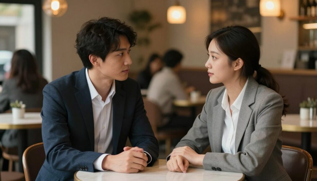 A warm and inviting setting for a deep, meaningful conversation between two partners. In the foreground, a couple sits at a small, round table in a cozy café, both dressed in professional business attire. They lean slightly towards each other, their expressions reflecting earnestness and attentiveness. The middle of the scene captures their hands gently resting on the table, suggesting openness and connection. In the background, the café is softly lit, with blurred outlines of other patrons and warm light from vintage lamps, creating an intimate atmosphere. The composition is slightly angled from above, adding depth, while natural lighting enhances the warm colors and highlights their faces, conveying a mood of vulnerability and trust.