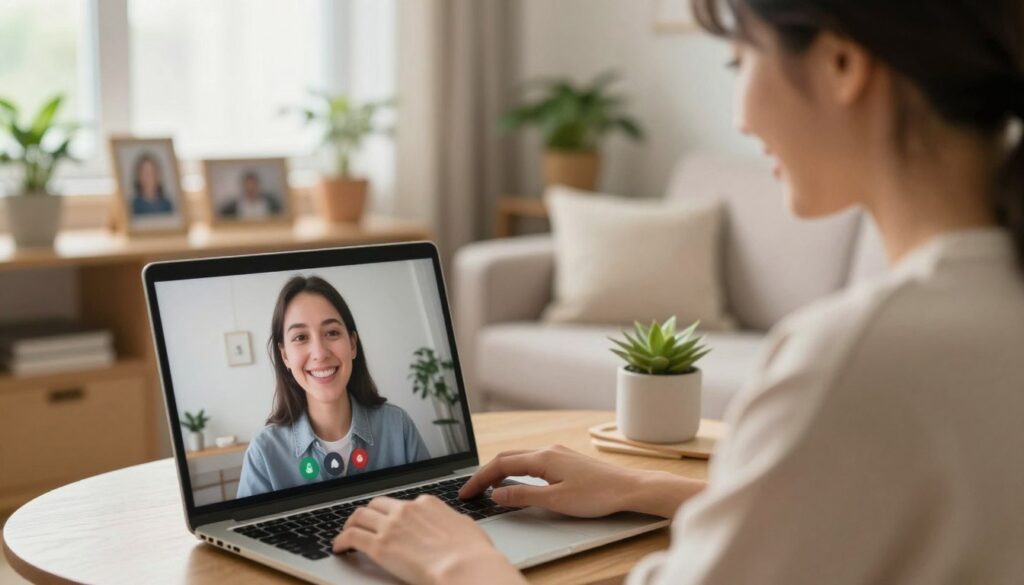 A warm, intimate scene depicting two individuals connecting through a video call, sitting in cozy, well-lit living rooms, surrounded by personal mementos like photographs and potted plants. In the foreground, one person smiles softly, wearing comfortable yet neat clothing, captured in a close-up, with a laptop open in front of them showing the other person’s face on the screen. In the middle, a touch of bright natural light filters in from a nearby window, creating a feeling of closeness despite the distance. The background features soft, blurred details of their home environment, enhancing the intimate atmosphere. The overall mood is cheerful and hopeful, emphasizing the essence of building closeness and connection, even when apart.