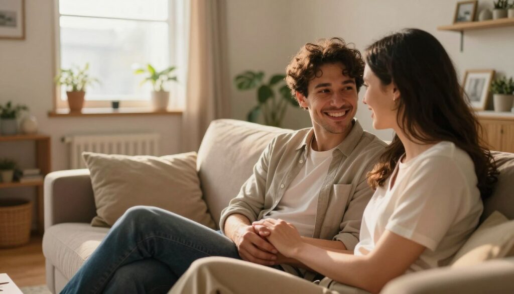 A warm, intimate scene showcasing daily habits that foster closeness and trust in relationships. In the foreground, a couple seated on a cozy sofa, sharing a smile while holding hands, wearing casual yet tidy attire. In the middle ground, a soft, inviting living room filled with warm lighting, plants, and personal touches like framed photos. In the background, a window with soft sunlight streaming in, creating a peaceful ambiance. The mood is affectionate and tender, evoking a sense of connection and comfort. Emphasize the simple gestures of love and care, such as gentle touches or shared laughter, highlighting the importance of these everyday moments. Use a shallow depth of field to draw focus on the couple while softly blurring the background for a dreamy effect.