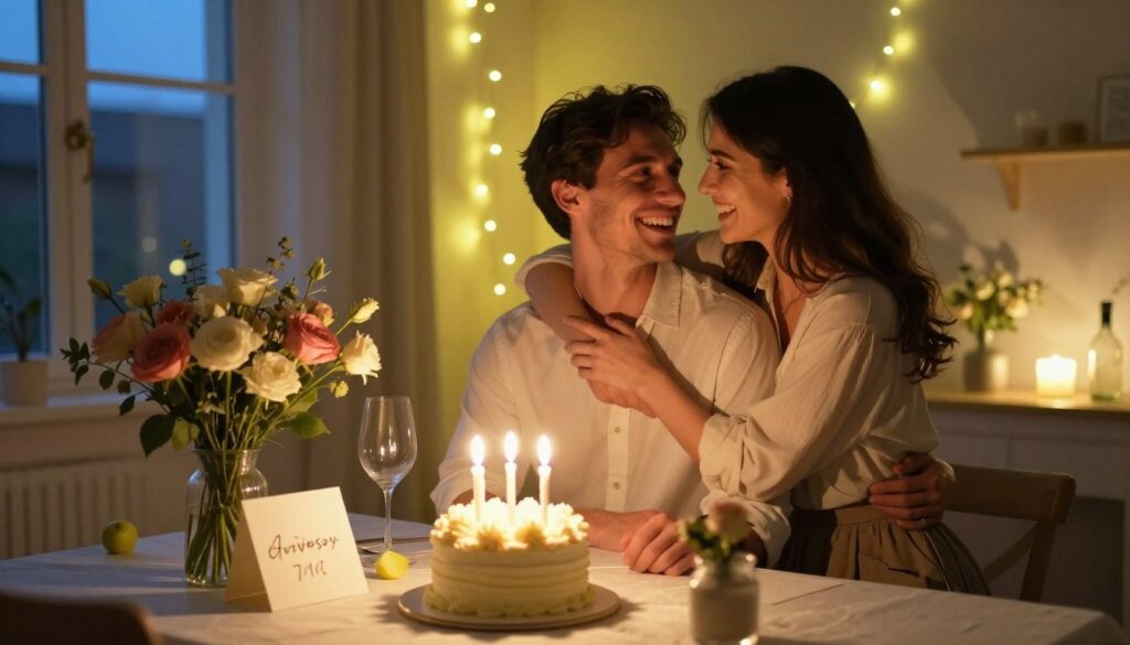 A beautifully arranged surprise anniversary celebration set in a cozy, warmly lit indoor space. In the foreground, a table is adorned with a romantic display featuring a small cake with candles, surrounded by fresh flowers and a heartfelt card. The middle ground showcases a couple embracing, dressed in elegant yet modest attire, their faces illuminated with laughter and joy as they exchange meaningful gazes. In the background, soft fairy lights twinkle, creating a magical atmosphere, while a window hints at a twilight view outside. The lighting is warm and inviting, casting gentle shadows that enhance the intimate feelings of love and surprise. The overall mood is joyful and heartwarming, capturing the essence of thoughtful surprises that evoke smiles and cherished memories. A beautifully arranged surprise anniversary celebration set in a cozy, warmly lit indoor space. In the foreground, a table is adorned with a romantic display featuring a small cake with candles, surrounded by fresh flowers and a heartfelt card. The middle ground showcases a couple embracing, dressed in elegant yet modest attire, their faces illuminated with laughter and joy as they exchange meaningful gazes. In the background, soft fairy lights twinkle, creating a magical atmosphere, while a window hints at a twilight view outside. The lighting is warm and inviting, casting gentle shadows that enhance the intimate feelings of love and surprise. The overall mood is joyful and heartwarming, capturing the essence of thoughtful surprises that evoke smiles and cherished memories.