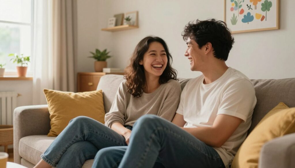 A cheerful and cozy scene depicting a couple sitting on a sofa, laughing and sharing a light moment together. The foreground features the couple, a man and a woman, in modest casual clothing, with warm, engaging smiles. The middle ground shows a comfortable living room filled with playful decorations like colorful cushions and a light-hearted art piece on the wall. The background reveals a sunlit window with gently flowing curtains, creating a warm, inviting atmosphere. Soft, natural lighting enhances the scene, giving it a feel of warmth and connection, while a wide-angle perspective invites the viewer into their joyful space. The overall mood is light, playful, and heartwarming, reflecting the theme of bringing humor and ease into relationships. A cheerful and cozy scene depicting a couple sitting on a sofa, laughing and sharing a light moment together. The foreground features the couple, a man and a woman, in modest casual clothing, with warm, engaging smiles. The middle ground shows a comfortable living room filled with playful decorations like colorful cushions and a light-hearted art piece on the wall. The background reveals a sunlit window with gently flowing curtains, creating a warm, inviting atmosphere. Soft, natural lighting enhances the scene, giving it a feel of warmth and connection, while a wide-angle perspective invites the viewer into their joyful space. The overall mood is light, playful, and heartwarming, reflecting the theme of bringing humor and ease into relationships.