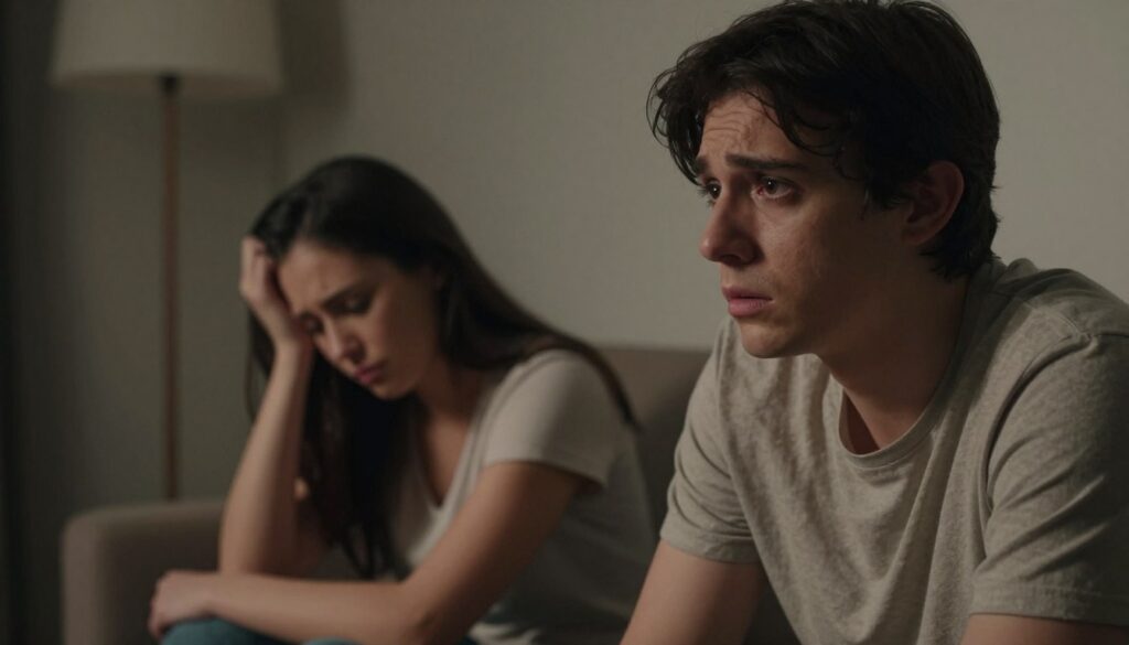 A close-up image of a concerned partner looking thoughtfully at their significant other, who is seated in a dimly lit room, visibly distressed. The foreground features the worried partner's expression, displaying emotions like worry and suspicion, dressed in a modest casual outfit. In the middle, the other partner is slumped in a chair, casting their eyes down, hinting at a troubled state of mind. In the background, a partially dimmed light casts shadows, creating an atmosphere of tension and uncertainty. Use soft lighting to evoke intimacy yet a sense of unease, using a shallow depth of field to focus on the emotional turmoil between them. The angle should be slightly tilted to enhance the feeling of instability. A close-up image of a concerned partner looking thoughtfully at their significant other, who is seated in a dimly lit room, visibly distressed. The foreground features the worried partner's expression, displaying emotions like worry and suspicion, dressed in a modest casual outfit. In the middle, the other partner is slumped in a chair, casting their eyes down, hinting at a troubled state of mind. In the background, a partially dimmed light casts shadows, creating an atmosphere of tension and uncertainty. Use soft lighting to evoke intimacy yet a sense of unease, using a shallow depth of field to focus on the emotional turmoil between them. The angle should be slightly tilted to enhance the feeling of instability.