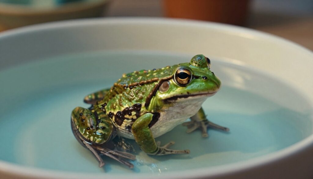 A close-up of a small green frog sitting in a shallow pot of slowly warming water. The frog's vibrant skin reflects dappled sunlight from above, emphasizing its textured surface and wide, expressive eyes. The water is tinted with soft shades of blue and green, creating a serene yet subtly unsettling atmosphere. In the background, out-of-focus kitchen utensils hint at a homey environment. The lighting is warm and inviting, but the gradual increase in temperature creates a sense of quiet tension. The frog is perched alertly, capturing the moment before awareness of danger sets in, embodying the theme of unnoticed slow change. The overall mood is contemplative and thought-provoking, inviting viewers to reflect on underlying threats. A close-up of a small green frog sitting in a shallow pot of slowly warming water. The frog's vibrant skin reflects dappled sunlight from above, emphasizing its textured surface and wide, expressive eyes. The water is tinted with soft shades of blue and green, creating a serene yet subtly unsettling atmosphere. In the background, out-of-focus kitchen utensils hint at a homey environment. The lighting is warm and inviting, but the gradual increase in temperature creates a sense of quiet tension. The frog is perched alertly, capturing the moment before awareness of danger sets in, embodying the theme of unnoticed slow change. The overall mood is contemplative and thought-provoking, inviting viewers to reflect on underlying threats.