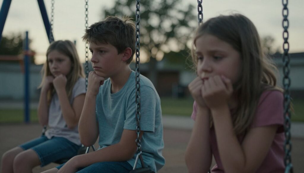 A close-up scene capturing the emotional struggles of children of alcoholics, depicting a young boy and girl sitting on a playground swing, looking contemplative and withdrawn. The foreground features their expressions displaying a mix of sadness and longing for connection, highlighting their shared invisible burdens. In the middle ground, the playground is slightly blurred to maintain focus on the children, with trees in the background gently swaying in a soft breeze, symbolizing the instability they feel. The lighting is soft and diffused, reminiscent of a late afternoon sun, creating a somber yet hopeful atmosphere. The angle is slightly low, empowering the children while illustrating their vulnerability. Overall, the image conveys a mood of emotional depth and intimacy, inviting reflection on their complex experiences. A close-up scene capturing the emotional struggles of children of alcoholics, depicting a young boy and girl sitting on a playground swing, looking contemplative and withdrawn. The foreground features their expressions displaying a mix of sadness and longing for connection, highlighting their shared invisible burdens. In the middle ground, the playground is slightly blurred to maintain focus on the children, with trees in the background gently swaying in a soft breeze, symbolizing the instability they feel. The lighting is soft and diffused, reminiscent of a late afternoon sun, creating a somber yet hopeful atmosphere. The angle is slightly low, empowering the children while illustrating their vulnerability. Overall, the image conveys a mood of emotional depth and intimacy, inviting reflection on their complex experiences.