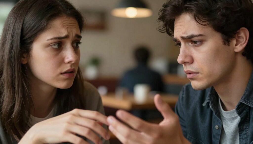 A close-up scene capturing two people engaged in an intense conversation, their expressions reflecting anxiety and uncertainty. The foreground features their hands slightly apart, a visual barrier symbolizing fear of rejection. The middle ground shows their tense faces, one looking away anxiously and the other with a furrowed brow, embodying emotional turmoil. The background is softly blurred, hinting at an intimate café setting with warm lighting that contrasts with their cold emotions, adding to the mood of discomfort. The composition is captured with a shallow depth of field to emphasize their expressions, using natural light that casts gentle shadows to create a sense of unease. The atmosphere is thick with tension, showcasing the triggers of attachment anxiety in everyday interactions. A close-up scene capturing two people engaged in an intense conversation, their expressions reflecting anxiety and uncertainty. The foreground features their hands slightly apart, a visual barrier symbolizing fear of rejection. The middle ground shows their tense faces, one looking away anxiously and the other with a furrowed brow, embodying emotional turmoil. The background is softly blurred, hinting at an intimate café setting with warm lighting that contrasts with their cold emotions, adding to the mood of discomfort. The composition is captured with a shallow depth of field to emphasize their expressions, using natural light that casts gentle shadows to create a sense of unease. The atmosphere is thick with tension, showcasing the triggers of attachment anxiety in everyday interactions.