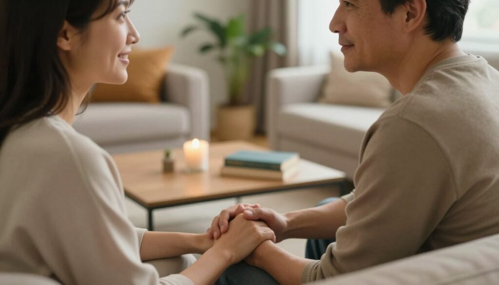 A close-up scene depicting a couple in a warm, intimate setting, signifying the conscious decision to be together for the long term. In the foreground, the couple, dressed in modest casual clothing, sits on a cozy sofa, sharing a tender gaze, with their hands intertwined. The middle ground features a coffee table adorned with a candle and a couple of books, symbolizing shared interests and communication. The background is softly blurred, showcasing a well-lit, inviting room decorated with plants and warm colors to enhance a sense of comfort and connection. Soft, natural lighting highlights their expressions, creating a serene atmosphere filled with love and understanding, suggesting the depth of their mature relationship. A close-up scene depicting a couple in a warm, intimate setting, signifying the conscious decision to be together for the long term. In the foreground, the couple, dressed in modest casual clothing, sits on a cozy sofa, sharing a tender gaze, with their hands intertwined. The middle ground features a coffee table adorned with a candle and a couple of books, symbolizing shared interests and communication. The background is softly blurred, showcasing a well-lit, inviting room decorated with plants and warm colors to enhance a sense of comfort and connection. Soft, natural lighting highlights their expressions, creating a serene atmosphere filled with love and understanding, suggesting the depth of their mature relationship.
