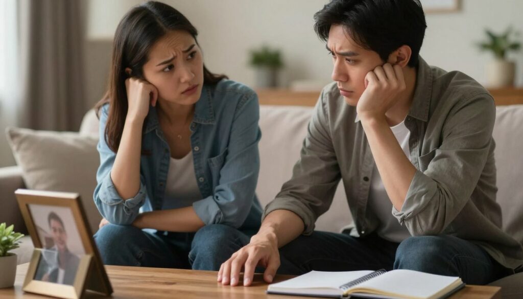A close-up scene depicting a couple sitting together in a warmly lit room, their expressions reflecting concern and empathy as they navigate personal issues. The foreground shows their hands gently touching on a coffee table filled with shared items, like a photo frame and a notebook. The middle layer features the couple, a man in smart casual attire and a woman in a professional outfit, both looking thoughtfully at each other, conveying a sense of connection amidst challenges. The background is softly blurred, hinting at an intimate, cozy home environment with warm, diffused lighting. The overall mood should be contemplative and supportive, emphasizing the importance of understanding and communication in facing partner problems.