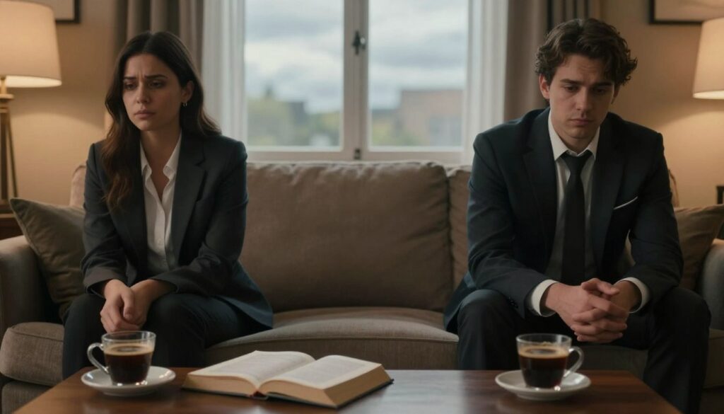 A close-up scene depicting the emotional distance between two people in a cozy living room setting. In the foreground, two figures sit on opposite ends of a plush sofa, dressed in professional business attire, their expressions thoughtful and distant, yet not outwardly hostile. In the middle ground, a coffee table cluttered with an untouched book and two cups of cold coffee symbolizes stagnation. The background features a softly lit space with warm, muted tones, and a window showing a cloudy sky, enhancing the somber mood. The lighting should be soft and diffused, casting gentle shadows, creating a sense of introspection and melancholy. The overall atmosphere evokes the theme of emotional disconnection in relationships. A close-up scene depicting the emotional distance between two people in a cozy living room setting. In the foreground, two figures sit on opposite ends of a plush sofa, dressed in professional business attire, their expressions thoughtful and distant, yet not outwardly hostile. In the middle ground, a coffee table cluttered with an untouched book and two cups of cold coffee symbolizes stagnation. The background features a softly lit space with warm, muted tones, and a window showing a cloudy sky, enhancing the somber mood. The lighting should be soft and diffused, casting gentle shadows, creating a sense of introspection and melancholy. The overall atmosphere evokes the theme of emotional disconnection in relationships.