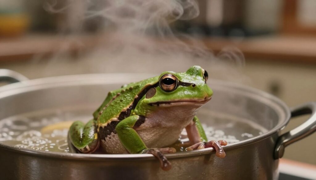 A close-up view of a frog perched on the edge of a slowly bubbling pot, symbolizing the warning signs of a deteriorating relationship. The foreground features the vibrant green frog, its eyes wide with a mixture of curiosity and concern, capturing its delicate skin texture. In the middle, the steam rising from the pot creates an ethereal ambiance, subtly blurred to emphasize the frog. The background showcases a softly lit kitchen, hinting at warmth but contrasted with shadows that represent underlying tensions. The lighting is warm yet dim, conveying a somber mood. Use a shallow depth of field to draw attention to the frog, while the surrounding elements remain muted, enhancing the sense of urgency and the creeping nature of discomfort. A close-up view of a frog perched on the edge of a slowly bubbling pot, symbolizing the warning signs of a deteriorating relationship. The foreground features the vibrant green frog, its eyes wide with a mixture of curiosity and concern, capturing its delicate skin texture. In the middle, the steam rising from the pot creates an ethereal ambiance, subtly blurred to emphasize the frog. The background showcases a softly lit kitchen, hinting at warmth but contrasted with shadows that represent underlying tensions. The lighting is warm yet dim, conveying a somber mood. Use a shallow depth of field to draw attention to the frog, while the surrounding elements remain muted, enhancing the sense of urgency and the creeping nature of discomfort.