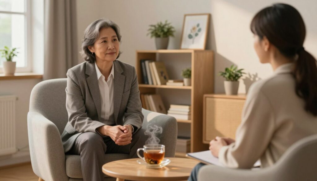 A compassionate psychotherapist sits in a softly lit therapy room, emphasizing a sense of safety and warmth. The foreground features a middle-aged professional, dressed in a smart-casual outfit, thoughtfully listening to a client. In the middle of the scene, a cozy armchair and a small table with a steaming cup of herbal tea create an inviting atmosphere. Shelves in the background hold books on psychology, framed calming artwork, and potted plants, adding a touch of serenity. The lighting is warm and ambient, with natural light filtering through a nearby window, casting gentle shadows to enhance the mood. The overall atmosphere conveys trust, support, and a journey toward regaining independence. A compassionate psychotherapist sits in a softly lit therapy room, emphasizing a sense of safety and warmth. The foreground features a middle-aged professional, dressed in a smart-casual outfit, thoughtfully listening to a client. In the middle of the scene, a cozy armchair and a small table with a steaming cup of herbal tea create an inviting atmosphere. Shelves in the background hold books on psychology, framed calming artwork, and potted plants, adding a touch of serenity. The lighting is warm and ambient, with natural light filtering through a nearby window, casting gentle shadows to enhance the mood. The overall atmosphere conveys trust, support, and a journey toward regaining independence.