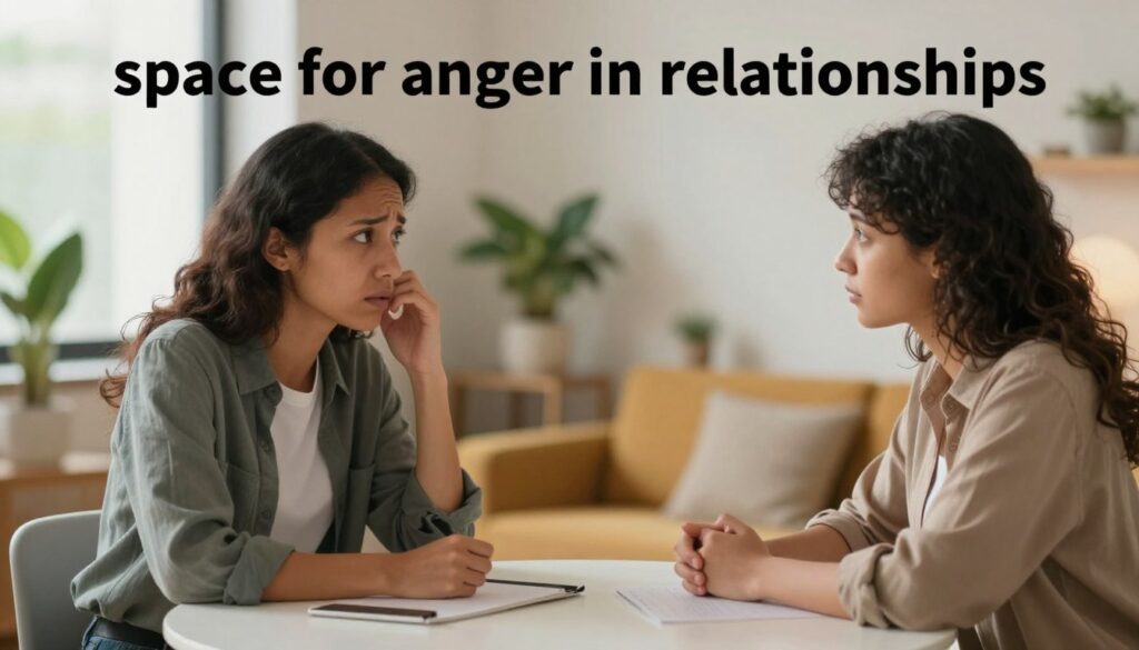 A compelling visualization of "space for anger in relationships," featuring a serene yet emotionally charged scene. In the foreground, two diverse individuals sit at a round table, engaged in a calm, constructive discussion. One is expressing their feelings, the other listening intently, both in business casual attire to emphasize professionalism. In the middle ground, soft lighting bathes the interaction, highlighting their expressions of empathy and understanding. The background includes a cozy, modern room with plants and warm colors to create a safe, inviting atmosphere. The overall mood is reflective and positive, illustrating the importance of open communication in resolving conflicts. Use a soft focus lens to enhance intimacy while maintaining clarity on the subjects. A compelling visualization of "space for anger in relationships," featuring a serene yet emotionally charged scene. In the foreground, two diverse individuals sit at a round table, engaged in a calm, constructive discussion. One is expressing their feelings, the other listening intently, both in business casual attire to emphasize professionalism. In the middle ground, soft lighting bathes the interaction, highlighting their expressions of empathy and understanding. The background includes a cozy, modern room with plants and warm colors to create a safe, inviting atmosphere. The overall mood is reflective and positive, illustrating the importance of open communication in resolving conflicts. Use a soft focus lens to enhance intimacy while maintaining clarity on the subjects.