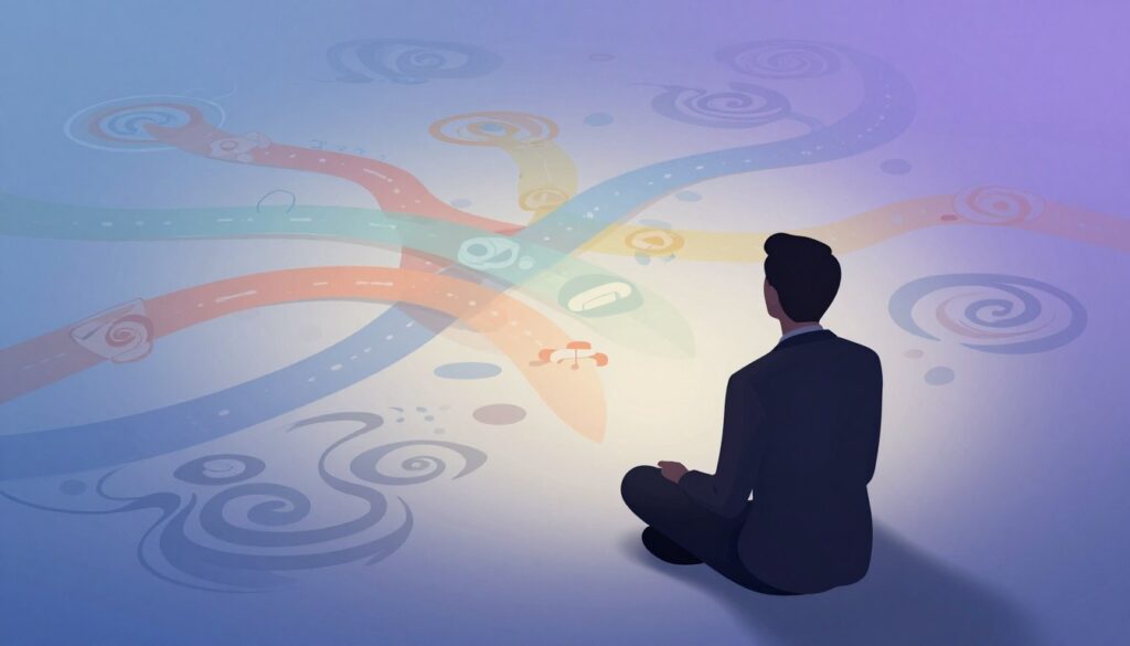 A conceptual illustration depicting the psychology of recurring patterns, featuring a serene, contemplative scene. In the foreground, a silhouette of a person in professional attire sits cross-legged, reflecting, surrounded by swirling abstract shapes symbolizing thoughts and memories. In the middle ground, various paths and patterns intertwine, representing the complexity of relationships and karmic connections, with different colors to signify emotional tones—warm for attraction, cool for lessons learned. The background is a soft gradient of blues and purples, creating an ethereal atmosphere. Soft, diffused lighting emphasizes the introspective mood, while a slightly elevated angle captures the scene from above, offering a broader view of the patterns. A conceptual illustration depicting the psychology of recurring patterns, featuring a serene, contemplative scene. In the foreground, a silhouette of a person in professional attire sits cross-legged, reflecting, surrounded by swirling abstract shapes symbolizing thoughts and memories. In the middle ground, various paths and patterns intertwine, representing the complexity of relationships and karmic connections, with different colors to signify emotional tones—warm for attraction, cool for lessons learned. The background is a soft gradient of blues and purples, creating an ethereal atmosphere. Soft, diffused lighting emphasizes the introspective mood, while a slightly elevated angle captures the scene from above, offering a broader view of the patterns.