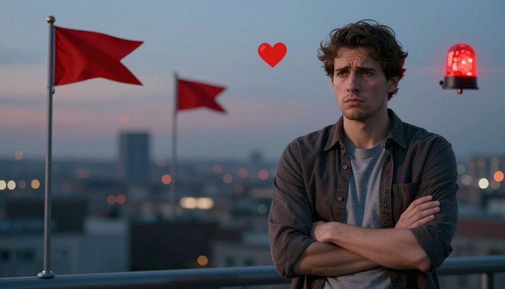 A conceptual illustration depicting the theme of "red flags in behavior" signaling a lack of commitment. In the foreground, a casually dressed man stands with a hesitant expression, arms crossed, avoiding eye contact. The middle ground features symbolic representations of red flags, such as red signaling flags or heart-shaped icons, subtly floating around him. In the background, a blurred cityscape at dusk creates a sense of uncertainty, with dim lighting suggesting a moody atmosphere. The scene is captured with a soft-focus lens effect to emphasize the man’s conflicted emotions and the ominous feeling of the flags. The overall tone conveys tension and caution, inviting viewers to reflect on the signs of disinterest in a relationship. A conceptual illustration depicting the theme of "red flags in behavior" signaling a lack of commitment. In the foreground, a casually dressed man stands with a hesitant expression, arms crossed, avoiding eye contact. The middle ground features symbolic representations of red flags, such as red signaling flags or heart-shaped icons, subtly floating around him. In the background, a blurred cityscape at dusk creates a sense of uncertainty, with dim lighting suggesting a moody atmosphere. The scene is captured with a soft-focus lens effect to emphasize the man’s conflicted emotions and the ominous feeling of the flags. The overall tone conveys tension and caution, inviting viewers to reflect on the signs of disinterest in a relationship.