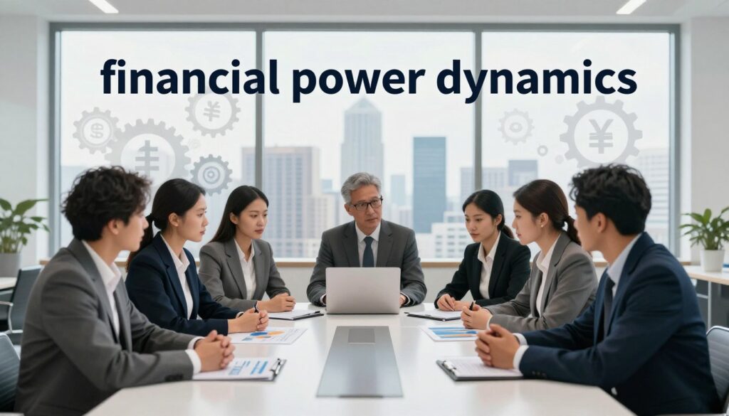 A conceptual illustration of "financial power dynamics" in relationships, featuring a modern office environment. In the foreground, a diverse group of professionals, depicted in smart business attire, engaged in a serious discussion around a sleek conference table, with charts and financial reports laid out. The middle ground showcases a large window revealing a city skyline, symbolizing ambition and economic influences. The background consists of subtle abstract elements, like gears and currency symbols, representing the mechanisms of financial power. The lighting is bright and professional, with soft shadows creating depth. The overall mood is one of focus and collaboration, highlighting the interplay of financial authority and its impact on personal relationships. A conceptual illustration of "financial power dynamics" in relationships, featuring a modern office environment. In the foreground, a diverse group of professionals, depicted in smart business attire, engaged in a serious discussion around a sleek conference table, with charts and financial reports laid out. The middle ground showcases a large window revealing a city skyline, symbolizing ambition and economic influences. The background consists of subtle abstract elements, like gears and currency symbols, representing the mechanisms of financial power. The lighting is bright and professional, with soft shadows creating depth. The overall mood is one of focus and collaboration, highlighting the interplay of financial authority and its impact on personal relationships.