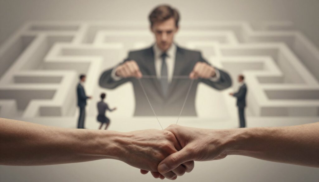 A conceptual illustration of "mechanisms of manipulation" in a relationship. In the foreground, depict two hands intertwined, symbolizing connection and control, with an ethereal thread connecting them, representing influence. In the middle ground, illustrate a blurred figure wearing professional business attire, subtly manipulating puppets that represent emotions, desires, and decisions. The background features a softly lit, abstract representation of a maze, symbolizing confusion and complexity in relationships. Use warm, muted colors to evoke a sense of introspection and tension, with diffused lighting creating a moody atmosphere that highlights the subtle interplay of control and autonomy. The image should be devoid of text or human facial expressions to maintain a focus on the themes of manipulation and control. A conceptual illustration of "mechanisms of manipulation" in a relationship. In the foreground, depict two hands intertwined, symbolizing connection and control, with an ethereal thread connecting them, representing influence. In the middle ground, illustrate a blurred figure wearing professional business attire, subtly manipulating puppets that represent emotions, desires, and decisions. The background features a softly lit, abstract representation of a maze, symbolizing confusion and complexity in relationships. Use warm, muted colors to evoke a sense of introspection and tension, with diffused lighting creating a moody atmosphere that highlights the subtle interplay of control and autonomy. The image should be devoid of text or human facial expressions to maintain a focus on the themes of manipulation and control.