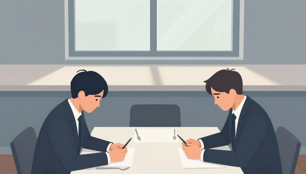 A conceptual illustration representing passive-aggressive behavior, focusing on emotional distance and silent punishment. In the foreground, two individuals sit at a dining table, dressed in professional business attire, embodying tension and unspoken conflict. The middle layer features subtle visual cues like unfinished tasks and disarranged cutlery, symbolizing unresolved issues. In the background, a window with soft, diffused lighting casts gentle shadows, creating an intimate yet strained atmosphere. The scene is captured from a slight overhead angle, emphasizing the disconnect between the individuals. Overall, the mood conveys a sense of unease and introspection, reflecting the psychological underpinnings of passive-aggressive behaviors. The colors are muted and cool to enhance the emotional depth. A conceptual illustration representing passive-aggressive behavior, focusing on emotional distance and silent punishment. In the foreground, two individuals sit at a dining table, dressed in professional business attire, embodying tension and unspoken conflict. The middle layer features subtle visual cues like unfinished tasks and disarranged cutlery, symbolizing unresolved issues. In the background, a window with soft, diffused lighting casts gentle shadows, creating an intimate yet strained atmosphere. The scene is captured from a slight overhead angle, emphasizing the disconnect between the individuals. Overall, the mood conveys a sense of unease and introspection, reflecting the psychological underpinnings of passive-aggressive behaviors. The colors are muted and cool to enhance the emotional depth.