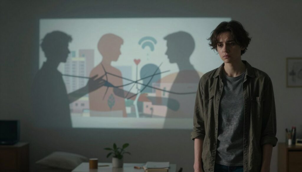 A conceptual representation of the causes of anhedonia, featuring a split scene. In the foreground, a figure stands in a dimly lit room, dressed in modest casual clothing, with a contemplative expression, symbolizing inner turmoil. In the middle ground, abstract shapes and muted colors represent emotional disconnects, such as shadows of relationships and broken connections. The background is a soft-focus urban setting, hinting at everyday life but appearing distant, emphasizing the struggle to connect. Soft, diffused lighting creates a somber atmosphere, evoking feelings of melancholy and introspection. The overall mood is reflective and thought-provoking, designed to visually encapsulate the complexities of anhedonia.