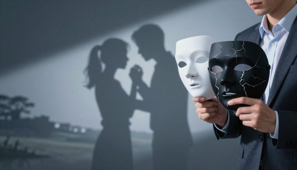 A conceptual representation of the "mechanism of idealization and devaluation" in relationships, featuring a split scene. In the foreground, a professional-looking person in business attire holds two masks—one radiant and bright, symbolizing idealization, and the other dark and cracked, symbolizing devaluation. In the middle ground, a blurred silhouette of a couple in a tense pose, contrasting emotions depicted through their body language. The background showcases a surreal landscape, with light and shadow playfully interacting, emphasizing a cold and emotional atmosphere. Soft, diffused lighting highlights the masks, while a dramatic spotlight creates depth. The angle is slightly tilted to evoke unease, capturing the complexity of emotional manipulation in relationships. A conceptual representation of the "mechanism of idealization and devaluation" in relationships, featuring a split scene. In the foreground, a professional-looking person in business attire holds two masks—one radiant and bright, symbolizing idealization, and the other dark and cracked, symbolizing devaluation. In the middle ground, a blurred silhouette of a couple in a tense pose, contrasting emotions depicted through their body language. The background showcases a surreal landscape, with light and shadow playfully interacting, emphasizing a cold and emotional atmosphere. Soft, diffused lighting highlights the masks, while a dramatic spotlight creates depth. The angle is slightly tilted to evoke unease, capturing the complexity of emotional manipulation in relationships.