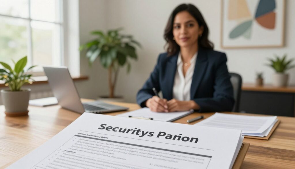 A confident Hispanic woman in professional attire stands at a wooden desk, surrounded by neatly organized materials related to crisis management. In the foreground, a close-up of a well-structured security plan document is visible, emphasizing its importance. The middle ground features a calming backdrop of potted plants and abstract art that symbolizes support and stability. Soft, natural lighting filters through a large window, creating a warm atmosphere that conveys safety and preparedness. The image captures the essence of a "safety plan in crisis situations," illustrating a proactive approach to navigating challenges. The angle is slightly overhead, providing a comprehensive view of the scene without any text or distractions. The overall mood is reassuring and focused, emphasizing clarity and planning.