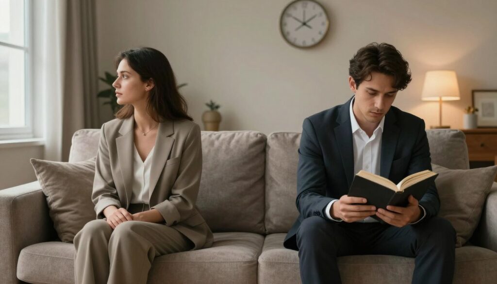 A contemplative couple in a cozy living room, sitting at opposite ends of a plush sofa, embodying emotional distance due to a lack of intimacy. The woman, in a smart casual outfit, gazes thoughtfully out of a window, while the man, dressed in a professional attire, appears absorbed in a book, highlighting their isolation. Soft, warm lighting casts a gentle glow across the scene, creating a serene yet somber atmosphere. In the background, a clock ticks quietly, symbolizing the passage of time in their relationship. A neutral color palette enhances the mood, focusing on the nuances of communication and connection in the absence of physical intimacy, emphasizing the challenges faced in a sexless marriage. A contemplative couple in a cozy living room, sitting at opposite ends of a plush sofa, embodying emotional distance due to a lack of intimacy. The woman, in a smart casual outfit, gazes thoughtfully out of a window, while the man, dressed in a professional attire, appears absorbed in a book, highlighting their isolation. Soft, warm lighting casts a gentle glow across the scene, creating a serene yet somber atmosphere. In the background, a clock ticks quietly, symbolizing the passage of time in their relationship. A neutral color palette enhances the mood, focusing on the nuances of communication and connection in the absence of physical intimacy, emphasizing the challenges faced in a sexless marriage.