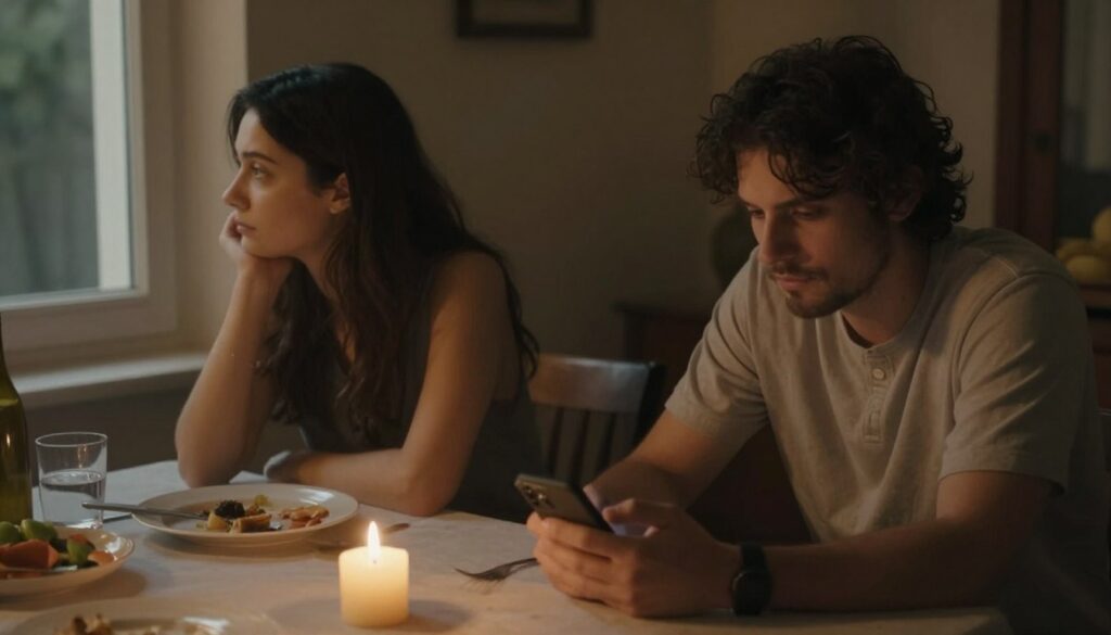 A contemplative scene depicting a couple sitting at a dining table, their body language suggesting disconnect and stagnation. The woman looks pensively out of a window, while the man stares thoughtfully at his phone. In the foreground, a candle burns slowly, its flame flickering, casting soft shadows that reflect the mood of uncertainty. In the middle background, a partially set dinner with untouched plates symbolizes neglect in their relationship. The setting is warmly lit, creating an intimate but somber atmosphere, reminiscent of routine rather than romance. The composition is shot from a slightly elevated angle, emphasizing the emotional distance between the couple, capturing the essence of stagnation in their relationship without any explicit elements. A contemplative scene depicting a couple sitting at a dining table, their body language suggesting disconnect and stagnation. The woman looks pensively out of a window, while the man stares thoughtfully at his phone. In the foreground, a candle burns slowly, its flame flickering, casting soft shadows that reflect the mood of uncertainty. In the middle background, a partially set dinner with untouched plates symbolizes neglect in their relationship. The setting is warmly lit, creating an intimate but somber atmosphere, reminiscent of routine rather than romance. The composition is shot from a slightly elevated angle, emphasizing the emotional distance between the couple, capturing the essence of stagnation in their relationship without any explicit elements.
