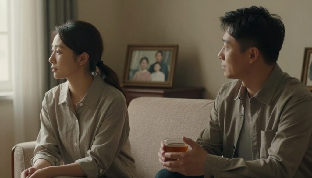 A contemplative scene representing emotional traps in relationships influenced by the past. In the foreground, there's a thoughtfully dressed couple sitting in a cozy, softly lit living room. The woman appears pensive, gazing out the window, while the man sits close but visibly distant, holding a cup of tea. In the middle, a vintage family photo on a shelf symbolizes haunting memories, partially obscured by soft, ethereal light. The background shows warm, muted colors, invoking a sense of nostalgia and reflection, with gentle shadows and soft edges, creating a calm but somber atmosphere. The angle emphasizes the couple's intimate yet strained connection, capturing the complexity of their emotions in a safe, professional setting.