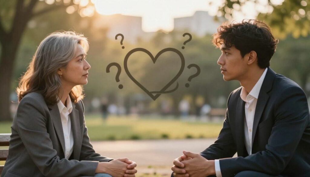 A contemplative scene representing the psychological underpinnings of partner selection. In the foreground, a diverse couple engages in a deep conversation, dressed in professional business attire, showcasing empathy and understanding. Their body language reflects a complex emotional connection, highlighting age differences. In the middle ground, a subtle arrangement of psychological symbols—like a heart intertwined with question marks—suggests the depth of emotional complexity and social evaluations associated with relationships. The background features a soft-focus urban park, bathed in warm, golden hour light, enhancing the intimate atmosphere. A slight bokeh effect adds a dreamy quality, inviting viewers to delve into the intricate web of psychological factors influencing partner choices. The overall mood is reflective and thought-provoking, inviting deeper exploration of the theme. A contemplative scene representing the psychological underpinnings of partner selection. In the foreground, a diverse couple engages in a deep conversation, dressed in professional business attire, showcasing empathy and understanding. Their body language reflects a complex emotional connection, highlighting age differences. In the middle ground, a subtle arrangement of psychological symbols—like a heart intertwined with question marks—suggests the depth of emotional complexity and social evaluations associated with relationships. The background features a soft-focus urban park, bathed in warm, golden hour light, enhancing the intimate atmosphere. A slight bokeh effect adds a dreamy quality, inviting viewers to delve into the intricate web of psychological factors influencing partner choices. The overall mood is reflective and thought-provoking, inviting deeper exploration of the theme.