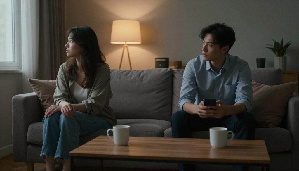 A contemplative scene set in a softly lit, cozy living room. In the foreground, a couple sits on a plush sofa, facing away from each other, creating a visual divide. Their expressions are distant and pensive, conveying emotional withdrawal. The female figure, dressed in modest casual clothing, looks thoughtfully out of a window, while the male figure in professional attire stares at his phone, symbolizing disconnection. In the middle ground, an empty coffee table is adorned with two untouched mugs, highlighting the lack of communication. The background features muted colors, with a warm glow from a lamp, evoking a sense of loneliness and introspection. The atmosphere is heavy yet serene, capturing the essence of emotional unavailability in relationships. A contemplative scene set in a softly lit, cozy living room. In the foreground, a couple sits on a plush sofa, facing away from each other, creating a visual divide. Their expressions are distant and pensive, conveying emotional withdrawal. The female figure, dressed in modest casual clothing, looks thoughtfully out of a window, while the male figure in professional attire stares at his phone, symbolizing disconnection. In the middle ground, an empty coffee table is adorned with two untouched mugs, highlighting the lack of communication. The background features muted colors, with a warm glow from a lamp, evoking a sense of loneliness and introspection. The atmosphere is heavy yet serene, capturing the essence of emotional unavailability in relationships.
