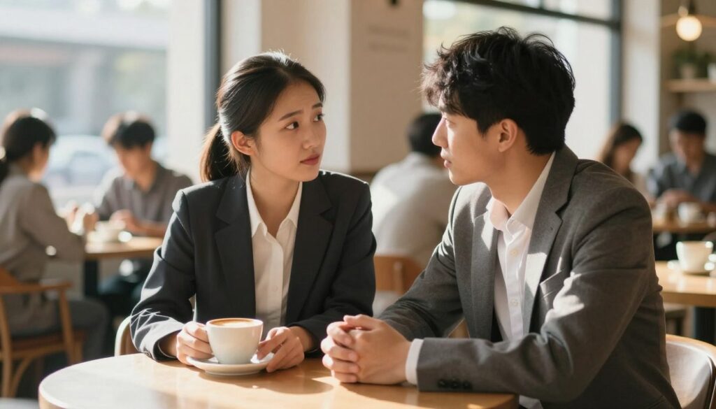 A couple sits at a cozy, well-lit café table, deeply engaged in conversation. Their expressions convey a mixture of vulnerability and hope, symbolizing the crossroads of their relationship. The foreground features a warm cup of coffee, representing comfort and connection. In the middle, the couple, dressed in professional attire, leans slightly towards each other, their body language open and inviting. The background shows a soft-focus of other café patrons, emphasizing a sense of normalcy amidst their intimate moment. Sunlight streams through the large windows, casting a warm glow, creating an atmosphere of introspection and potential for growth. The scene captures the essence of relationship crisis as an opportunity for deeper understanding and reaffirmation of commitment.