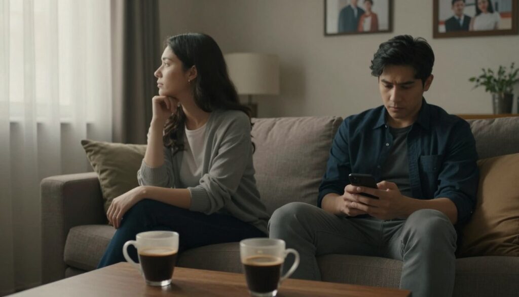 A couple sitting on a couch in a cozy living room, appearing distant from each other. The foreground features two mugs of untouched coffee on a small table, symbolizing emotional disconnect. In the middle, the couple is dressed in casual yet professional attire, looking pensive and contemplative. The woman gazes out the window, while the man looks down at his phone, highlighting their disengagement. The background shows soft, warm lighting filtering through sheer curtains, creating a slightly melancholic atmosphere. The room is decorated in muted tones, with family photos on the walls that evoke a sense of nostalgia. The overall mood conveys feelings of emotional exhaustion and the struggle to reconnect in a relationship.