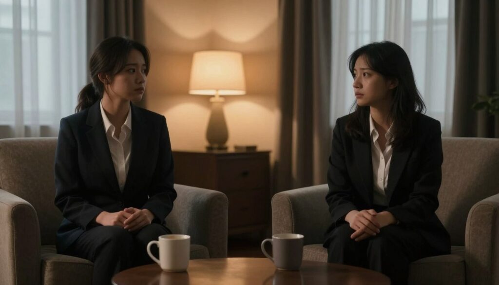 A couple sitting on opposite ends of a dimly lit room, their facial expressions conveying emotional distance despite being physically close. The foreground features a soft armchair and a coffee table with untouched mugs, symbolizing disconnection. In the middle, the couple, dressed in professional business attire, gazes past each other, creating a palpable sense of longing and detachment. The background is filled with softly blurred warm lighting from a lamp, casting elongated shadows, enhancing the mood of emotional disconnection. A window with draped curtains allows faint daylight to filter in, contrasting with their isolation. The atmosphere is introspective and melancholic, reflecting the impact of emotional distance on intimacy within relationships. A couple sitting on opposite ends of a dimly lit room, their facial expressions conveying emotional distance despite being physically close. The foreground features a soft armchair and a coffee table with untouched mugs, symbolizing disconnection. In the middle, the couple, dressed in professional business attire, gazes past each other, creating a palpable sense of longing and detachment. The background is filled with softly blurred warm lighting from a lamp, casting elongated shadows, enhancing the mood of emotional disconnection. A window with draped curtains allows faint daylight to filter in, contrasting with their isolation. The atmosphere is introspective and melancholic, reflecting the impact of emotional distance on intimacy within relationships.