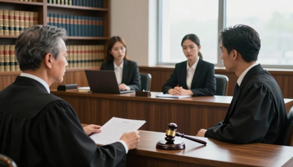 A courtroom scene depicting the formal process of legal separation. In the foreground, a distinguished judge presides over a wooden bench, wearing a traditional black robe, with court documents and a gavel prominently displayed. In the middle, a solemn couple sits at a table on opposite sides, dressed in formal business attire, exuding a mix of tension and calm as they engage in serious discussions. The background features shelves filled with law books and a large window allowing soft, natural light to stream in, creating a bright yet serious atmosphere. The mood is contemplative, reflecting the weight of the decisions being made, captured from a slightly elevated angle to emphasize the formality of the setting. A courtroom scene depicting the formal process of legal separation. In the foreground, a distinguished judge presides over a wooden bench, wearing a traditional black robe, with court documents and a gavel prominently displayed. In the middle, a solemn couple sits at a table on opposite sides, dressed in formal business attire, exuding a mix of tension and calm as they engage in serious discussions. The background features shelves filled with law books and a large window allowing soft, natural light to stream in, creating a bright yet serious atmosphere. The mood is contemplative, reflecting the weight of the decisions being made, captured from a slightly elevated angle to emphasize the formality of the setting.